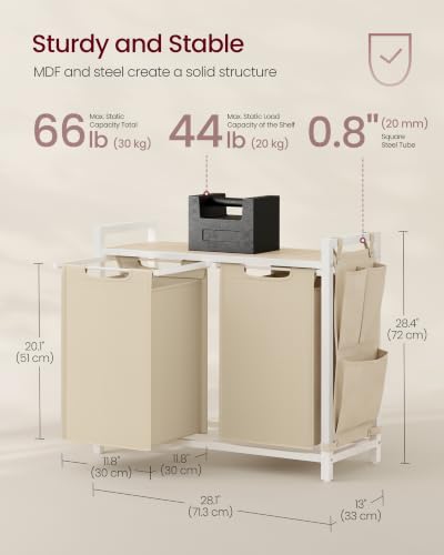 Image of VASAGLE Laundry Hamper, Laundry Basket Sorter with 2 Pull-Out and Removable Bags, Shelf, Metal Frame, 2 x 12.1 Gallons (46 L), 28.8 x 13 x 28.4 Inches, Cappuccino Beige and Natural Beige UBLH201LH01