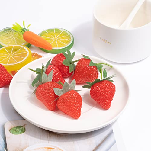 Videlly 60 Pieces Artificial Strawberries Fake Strawberries Lifelike Red Realistic Plastic Strawberries Artificial Plastic Fruit For Home Kitchen Party Wedding Decoration Arrangements Photography Prop #TOP6