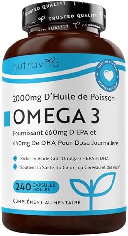 Omega 3 Huile de Poissons 2000mg - 240 Gélules (120 Jours) - Haut...