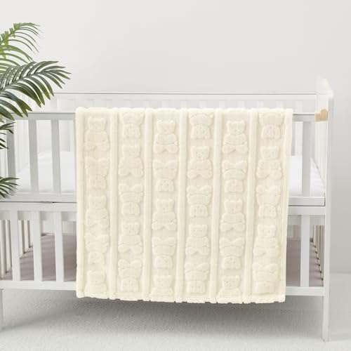 Image of CREVENT 30 inchX40 inch Cozy Soft Warm Sherpa Baby Blanket for Girls Boys, Newborn Essentials for Infant, Baby Shower Receiving Gift - Ivory Bear 75X100cm + Gift Bag with Ribbon