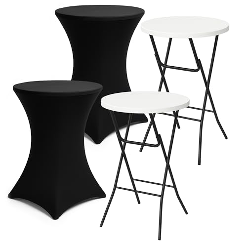 Brixy 2x Stabiler Stehtisch + 2x Schwarzer Stehtischrock - Partytisch - Robust und Wetterfest - Zusammenklappbar - 80cm x 110cm - Party - Weiß/Schwarz