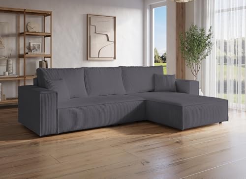 Canapé d'angle Convertible et réversible avec Coffre en Velours cotelé Gris Anthracite - Jade