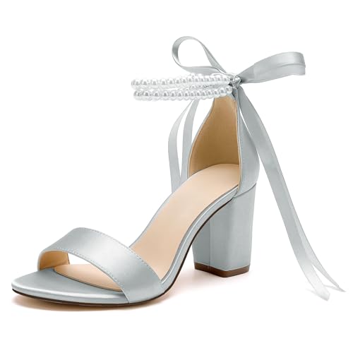 Image of Women's Open Toe Pearl Wedding Shoes for Bride High Heels Sandals Satin Bridal Block Chunky Heels Ankle Strap Prom Evening Party Pumps