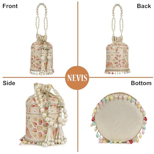 Image of Nevis Silk Fabric Embroidered Potli Bag with Pearl Beaded Handle | Designe Ethnic Drawstring Clutch for Wedding, Festive