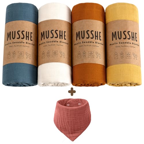 Image of 4 Pack Baby Muslin Swaddle Blankets and Muslin Drool Bibs - 100% Organic Turkish Cotton Baby Blanket, Swaddles for Newborns, Baby Wraps for Baby Boys and Baby Girls (40x40 Inches) (Set of 1-5 Pack)