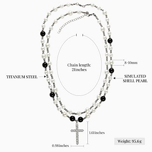 Idokawa Cross Necklace For Men Black White Pearl Necklace Stainless Steel Necklace 10Mm Double Layered Cuban Link Fashion Jewelry Gifts For Him #TOP1