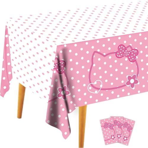 Peiking 3CT Pink Bow Kittens Party Supplies Tablecover Cute Kitten Dot Tablecloth Rectangle Disposable 54108in White Pink Stainproof Party Decor for GirlsBirthday Baby Shower Wedding Bachelor