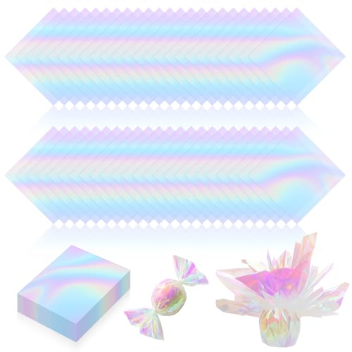 PEASUG 120 PCS Iridescent Cellophane Sheets 7.5x7.5 Inches Holographic Candy Cellophane Wrap Iridescent Paper for DIY Crafts Project Art Lights Window Decoration
