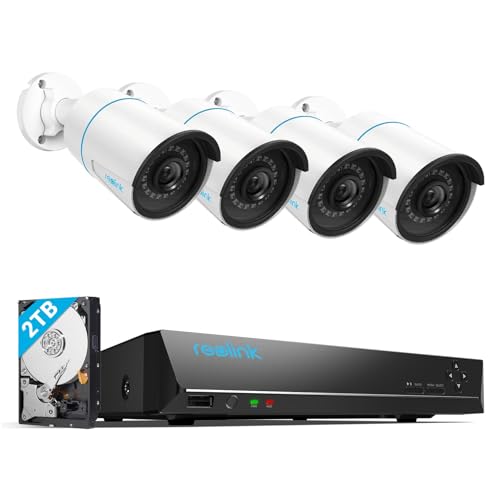 Reolink Kit Cámaras de Seguridad 8CH 5MP H.265, 4 PoE IP Cámaras Exterior Impermeables IP67, Detección de Personas/vehículos, 30M Visión Nocturna, 2TB HDD NVR para Grabación Continua, RLK8-410B4-5MP