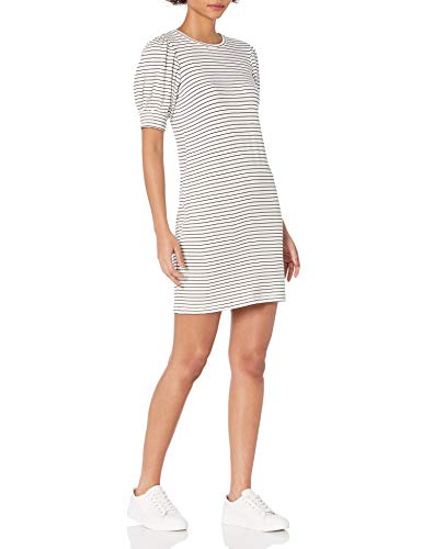 Amazon Essentials Robe à Manches Courtes Bouffantes Coupe Décontractée en Éponge Ultra-Douce (Déjà Daily Ritual) Femme, Blanc/Noir, Rayures, XL