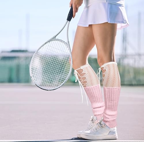 Image of Violet Mist Leg Warmers for Women Long Cotton Ribbed Knit Socks Knee High | Cute Funny Lace Fishnet Patchwork, 80s Retro Style, Kawaii Japanese Lolita Party