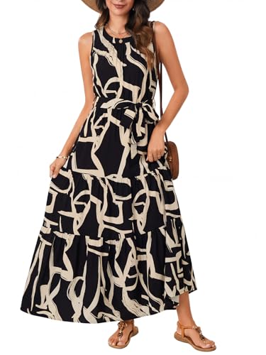 Image of Rooscier Women's Sleeveless Boho Maxi Dress | Halter Neck Print Tiered A Line Beach Dresses