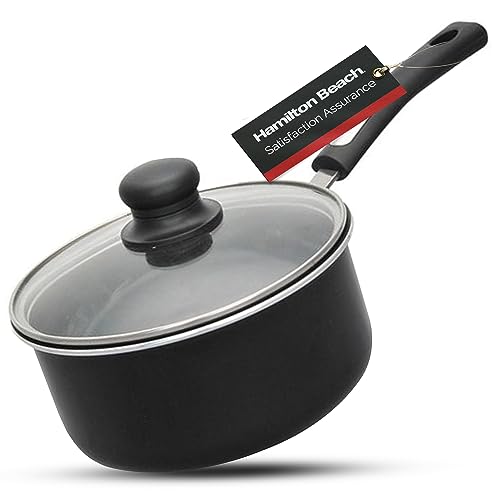 Hamilton Beach Nonstick Covered Sauce Pan 3-Qt - Black Aluminum Saucepan with Soft Touch Bakelite Handle & Glass Lid - Flared Edge - Spiral Bottom, Multipurpose Use - Durable & Dishwasher Safe