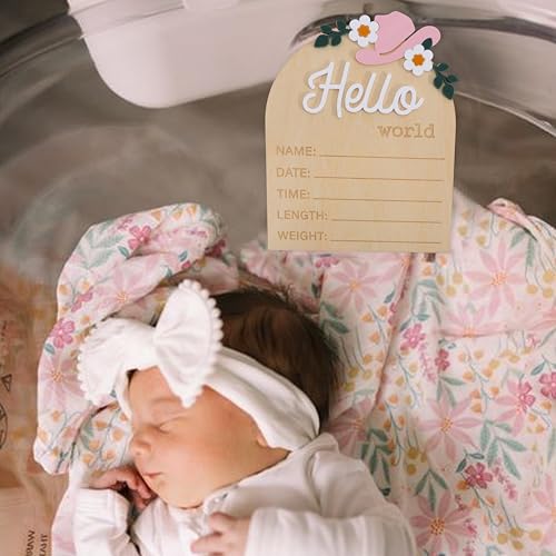 Image of Wooden inchHello World inch Baby Announcement Board - Newborn Birth Sign, Baby Shower Decor, Hospital Nursery Information Board, Baby Milestone Photo Prop, Gender Neutral Keepsake (Cowgirl Boot&Bow Western Cowbaby)