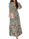 BLENCOT Women's Casual Boho Floral Printed Deep V Neck Loose Short Sleeve Long Evening Dress Ruched Cocktail Party Maxi Wedding Dress Green Large