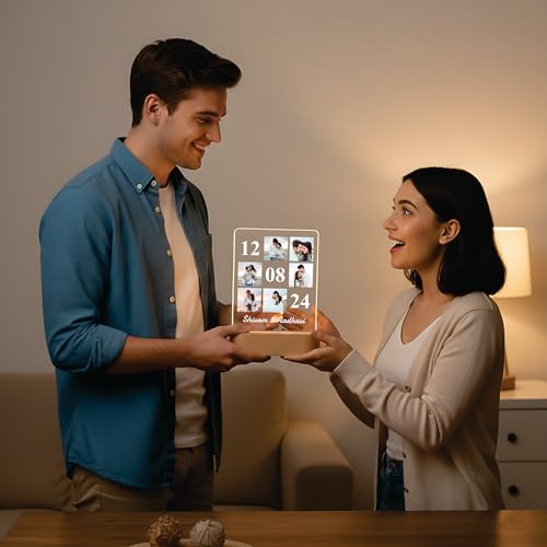 Image of Giftplease Customized Acrylic LED Photo Plaque with Wooden Base | Personalized Anniversary & Valentine's Day Gift | 6-Photo Collage Night Light with Special Date & Names | Warm Glow Home Decor