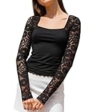 T-shirt Y2K avec bordure en dentelle et col carré pour femme - Manches longues cloches - Coupe ajustée - Haut court basique - Chemisier féérique - Esthétique - Streetwear, b-noir, XL