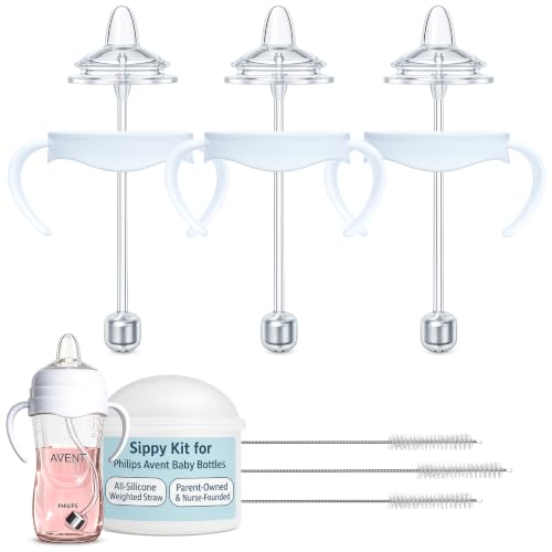 Image of Sippy Cup Conversion Kit for Philips Avent Natural Baby Bottles, 3-Pack | Food Grade Silicone Spout Nipples and Weighted Straw, Bottle Handles, Cleaning Brush, BPA-Free, Sippy Transition, 4+ months