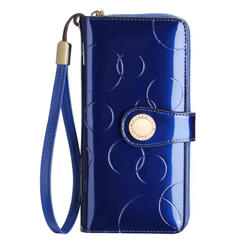 Ladies' fashionable leather wallet, large capacity with multiple card slots, zipper and snap closure, RFID shielded credit card holder for protection, long wallet with wrist strap (Blue)