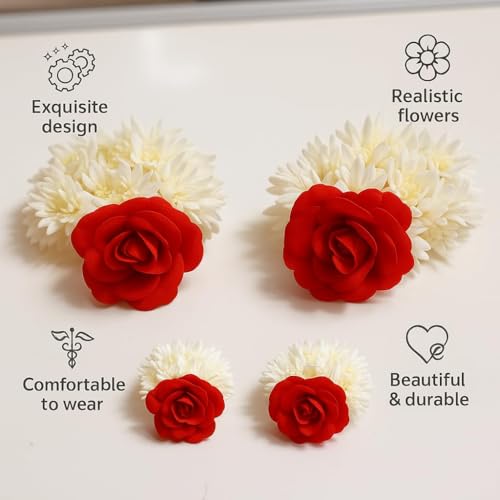 Image of Alvero Handcrafted Artificial Flower Gajra for Women & Girls, Festive Wedding Red Rose & White Jasmine Hair Gajra for Bun, Handmade Scented Floral Juda - 8 x 8 x 3.5cm (Pack of 4 Piece)