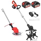 Motocultor y desbrozadora eléctrica, 1300 RPM, inalámbrica, con rotocultivador y cultivador, Ancho de labranza de 30 cm y Profundidad de Trabajo de 22 cm.(Two Batteries)