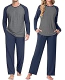 PrinStory Men's Pajama Set Sleepwear Pjs Lightweight Long Sleeve Crewneck Shirts and Bottoms Soft Comfy Sleep Sets Navy Blue US L