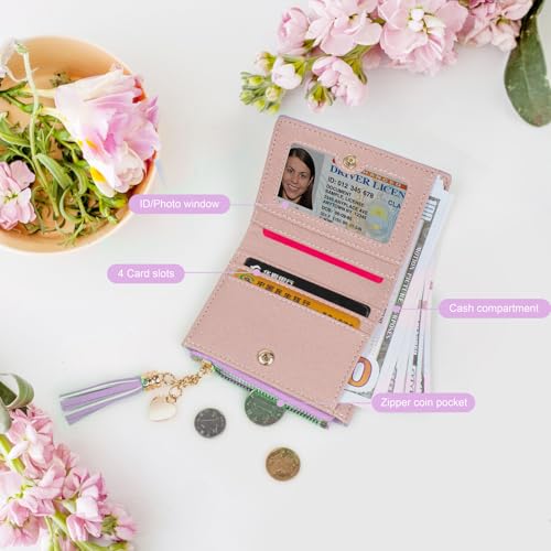 Image of KOTORA Womens Small Wallet Girls Tiny Slim Wallets Pretty Mini Card Holder Thin Short Zip Coin Purse with Love Pendant and Tassels (Purple)