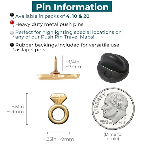 Image of Engagement Ring Push Pins - Gold Diamond Ring Map Pins for Cork Boards, Maps, or Lapel Use - Designed in USA - Set of 10