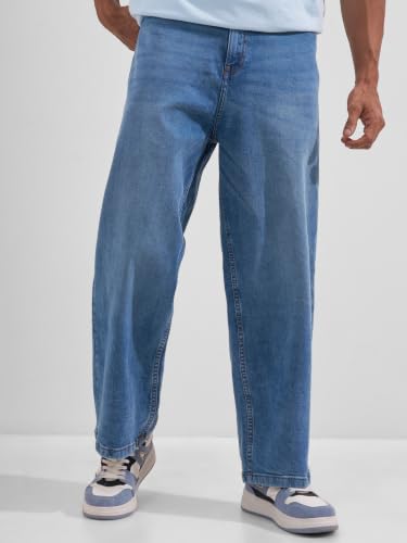 Image of Highlander Men Men's Premium Loose Straight Fit Mid-Rise Cotton Lycra Jeans - Button Closure, Machine Washable, Comfortable All-Day Wear for Casual & Semi-Formal Occasions