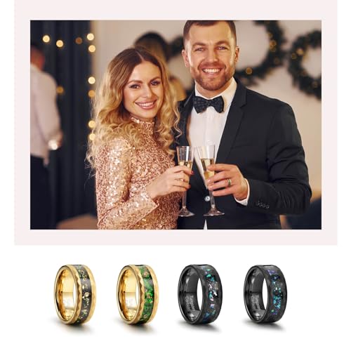 8mm Men's Tungsten Carbide Ring Gold/Black Hammered Meteorite Shavings Gold Foil Inlay Galaxy Nebula Green Opal Engagement Wedding Ring Matte Finish Comfortable Fit4