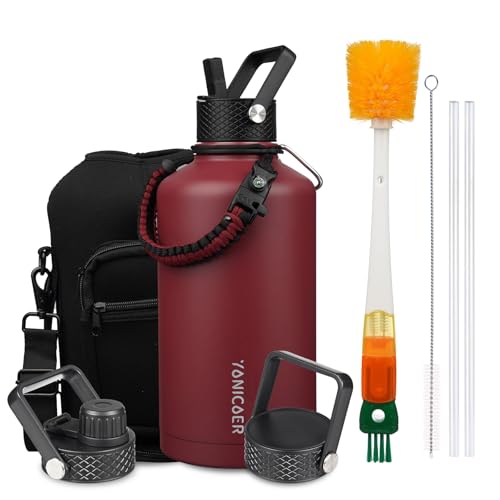 Image of Insulated Water Bottle 87oz,Triple Wall Vacuum Stainless Steel(Dishwasher Safe),Leak Proof & Non-BPA,Flask Jug with Paracord Handle & Straw Spout Lids Sports Red