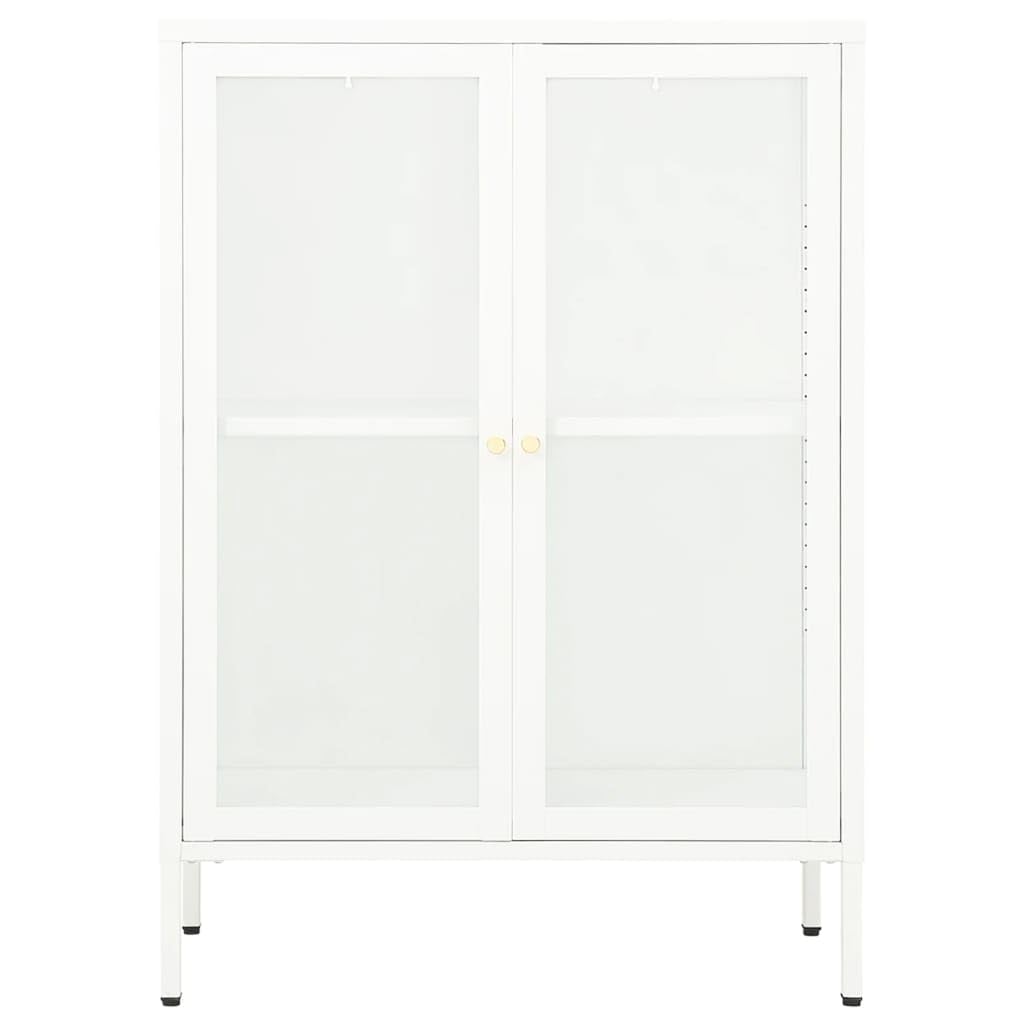 Aparador blanco de 75 x 35 x 105 cm, de acero con recubrimiento en polvo y cristal templado, con estantes ajustables, ideal como armario de almacenamiento para salón y cocina