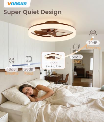 Image of VOLISUN Low Profile Ceiling Fans with Lights and Remote, 20in Fandelier Ceiling Fan Flush Mount, 3000K-6500K Smart Bladeless LED Fan Light, Farmhouse Ceiling Fans with Lights for Bedroom(Wood)