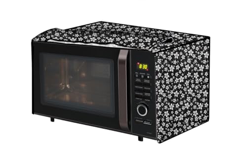 Image of PVC Microwave Oven Cover for IFB 30L 30BRC2 | Full Closure Zip | Waterproof & Dustproof | Attractive Digital Print | Wipe Clean | Stain Resistant | 48 x 53 x 34 cm | Black Flower Design