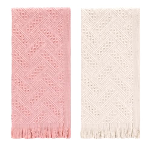 Exclaith 2 Pack 14x30 Inch Boho Bathroom Hand Towel Turkish Cotton Decorative Towels Soft Absorbent Face Towels for Bathroom Kitchen Farmhouse Decor Pink Beige