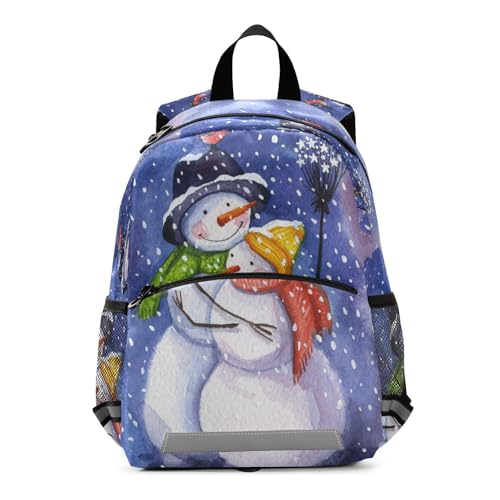 Toddler Backpack lightweight Preschool Sturdy Kindergarten Book Bag Chest Clip Daycare Bag for Travel, Toys Print Mr. Snowman and Mrs. Snowman Bird Snow Day Blue