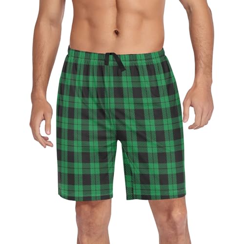 Ollabaky Pajama Shorts for Men Christmas Green Tartan Plaid Men's Pajama Bottoms Sleep Shorts Lounge Wear Pjs with Pocket, L