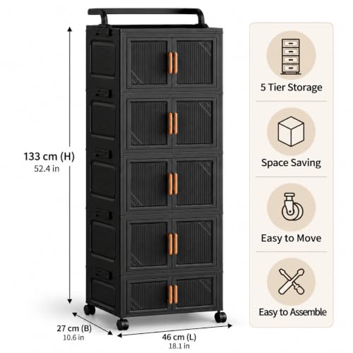 Image of KRISHYAM 5-Tier Plastic Storage Cabinet with Wheels, Water-Resistant Modular Clothes Organizer for Bedroom, Bathroom & Home, 133 x 46 x 27 cm, Black