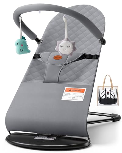 Baby Bouncer, Portable Baby Bouncer Seat, 3-Position Recline Infant Bouncy Seat for Babies 0-18 Months, Ergonomic Bouncy Chair with Hanging Toys, Bio-Inspired Fabric, Rocker & Stationary Modes Grey