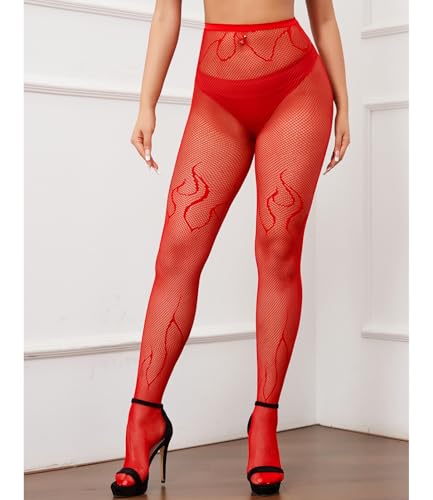 Image of Red Flame Tights, Sexy High Waist Fishnet Stockings - Premium Stretchy Fishnet Tights, Trendy and Comfortable Halloween