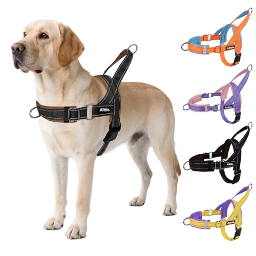 AIITLE Pettorina regolabile per cani migliorata con imbottitura morbida e confortevole, pettorina tattica anti-fuga, pettorina riflettente leggera per cani di taglia media Nero-Marrone S
