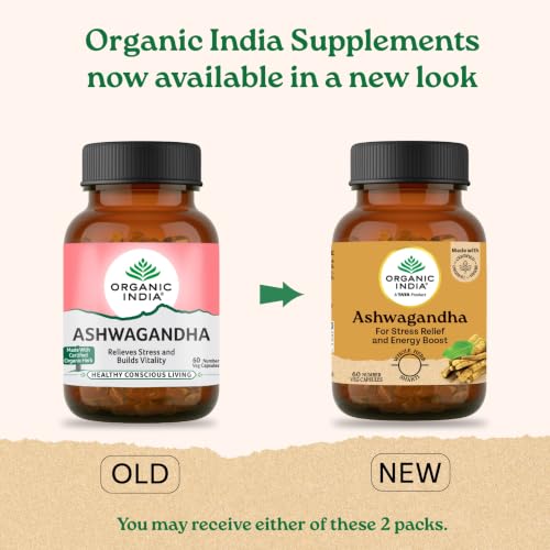 Image of A TATA Product - Organic India Pure Ashwagandha Root Capsules - 60 Veg Caps (400mg), For Vitality & Relieves Stress, Naturally Boosts Energy & Stamina, Improves Immune System, GMP & NPOP Certified