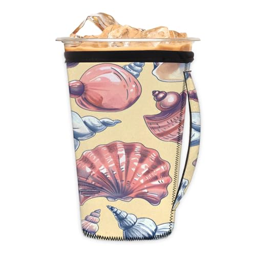 Conchs Shells Reusable Neoprene Coffee Sleeve with Handle Insulated Iced Coffee Cup Holder Reduces Condensation Fits 24-28 oz Cups M