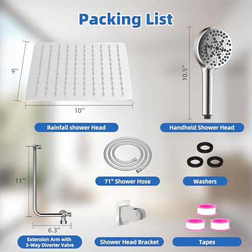 Image of 10 inch Metal Rainfall Shower Head with 10-Mode Handheld, Chrome