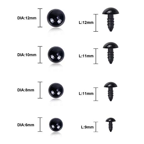 image for UPINS 500 Pieces 6-12MM Black Plastic Safety Eyes with Washers for Cro