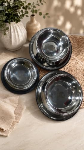 Image of Pets Empire Dog & Cat Bowls Stainless Steel, Pack of 3, Anti-Skid Feeding Bowls for Food & Water, Heavy Duty Metal Pet Bowl, Rust Proof, Dishwasher Safe for Puppies, Cats & Dogs (3, (200 +400+700 ML))