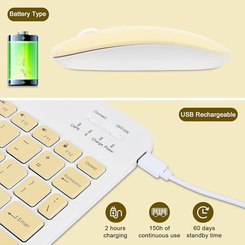 Image of Bluetooth Keyboard and Mouse Combo Ultra-Slim Portable Rechargeable Compact Wireless Mouse Keyboard Set for Pad /iPad Pro /iPad Mini /iPad Air Mac OS,Android Windows iOS and Above(Yellow)