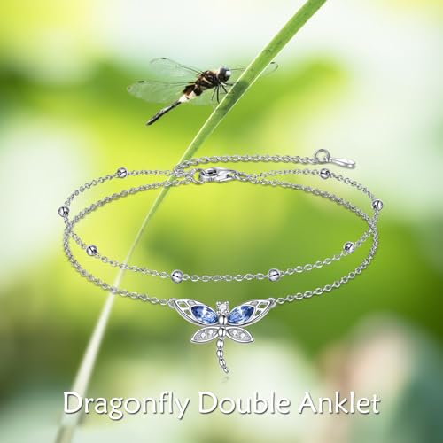 Image of TIGER RIDER Dragonfly Anklet Sterling Silver Dragonfly Gifts Jewelry for Women with Crystal Birthday Anniversary