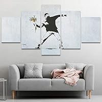 SIGNWIN 5 Panel Canvas Wall Art Banksy Street Artwork_Man Throwing Flowers Abstract Plants Illustrations Impressionism Panoramic Relax/Calm Multicolor for Living Room, Bedroom, Office - 60