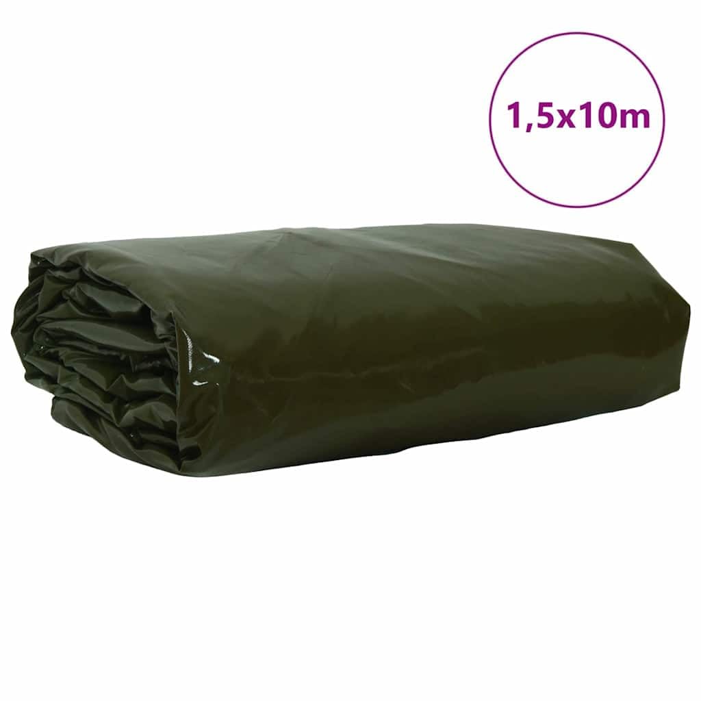 Lona de 650 g/m², verde oliva, 1,5 x 10 m, lona resistente al agua, resistente con revestimiento de PVC, cubierta exterior para terraza, protección contra la lluvia y la nieve